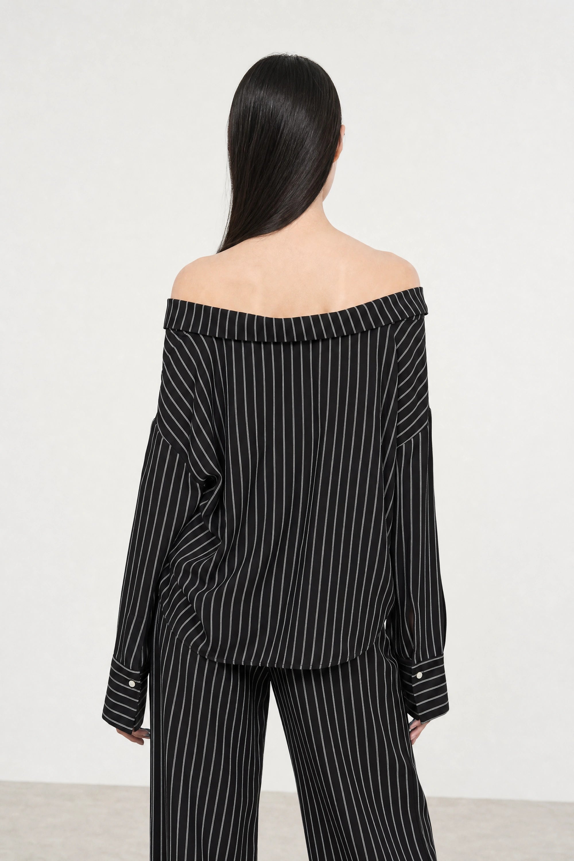 Black and white vertical striped draped neck shirt blouse_2
