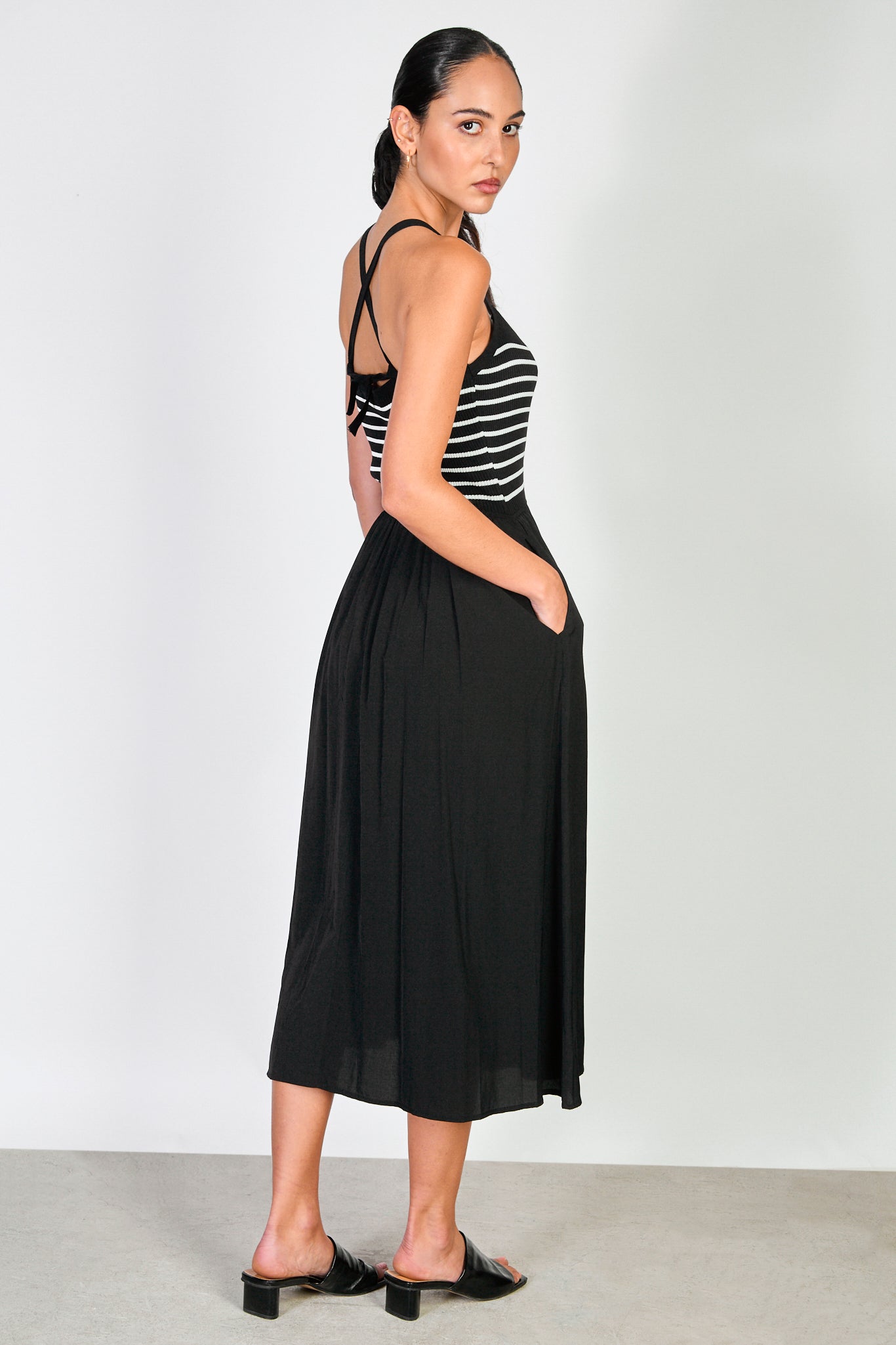 Black and white striped knit bodice dress_2