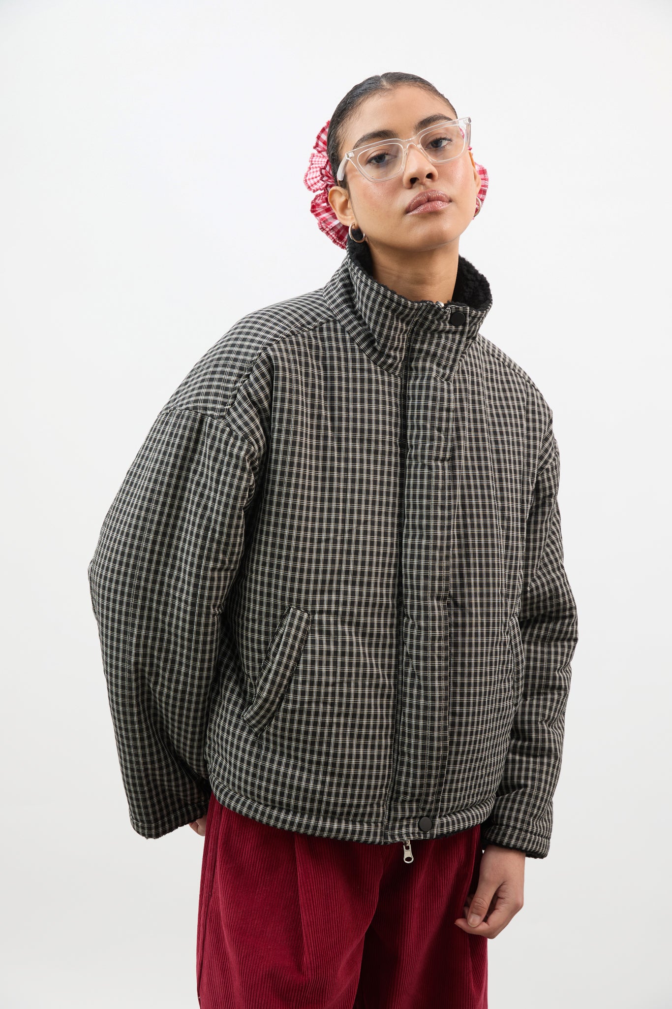 Black checked reversible teddy fleece jacket | Glassworks London