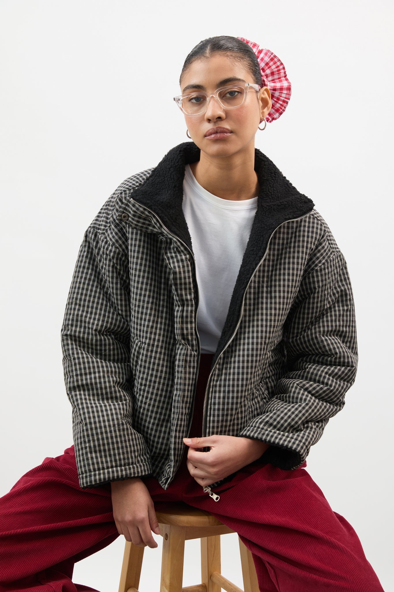 Black checked reversible teddy fleece jacket | Glassworks London