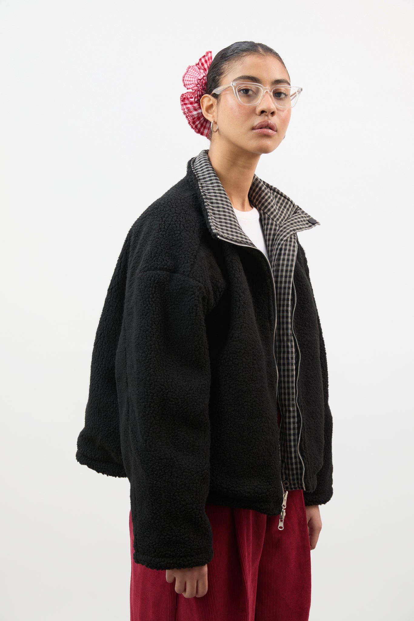 Black checked reversible teddy fleece jacket | Glassworks London