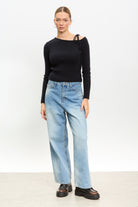 Black one shoulder tie knit top_4