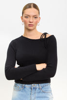 Black one shoulder tie knit top_1