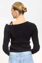 Black one shoulder tie knit top_2