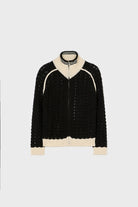 Black crochet knit contrast varsity trim zip cardigan_1