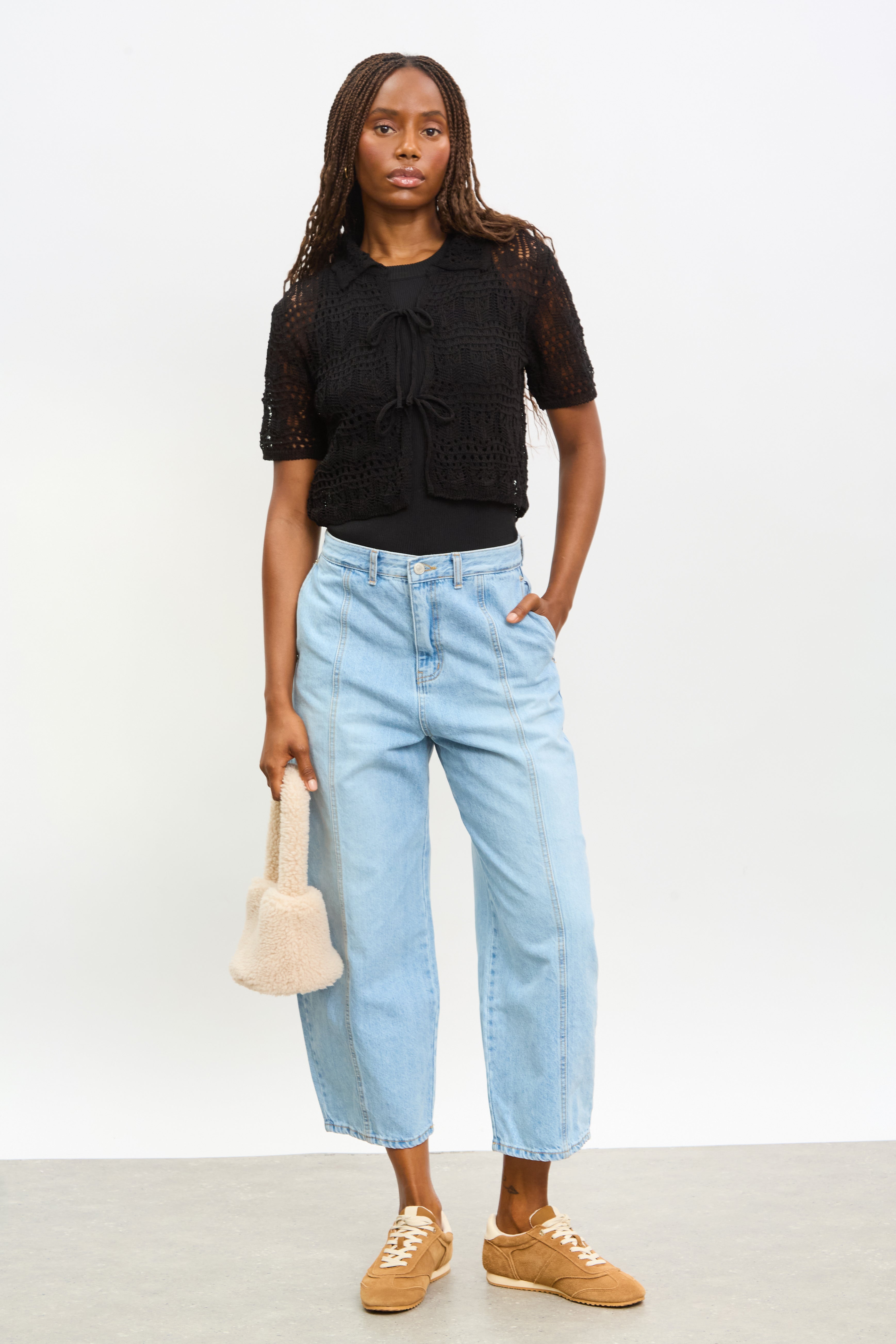Black crochet knit double tie front top | Glassworks London