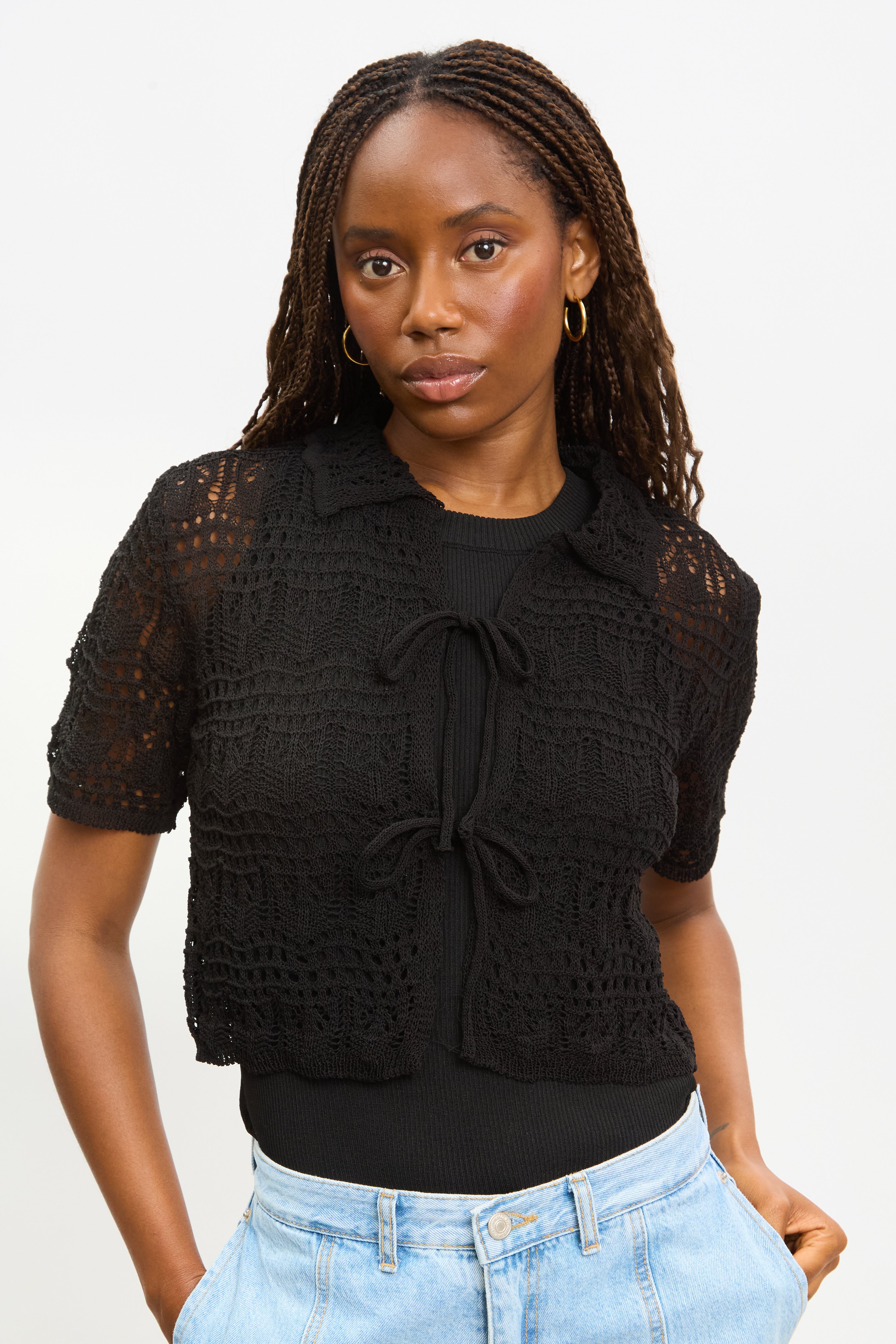 UN3D. HOLE CUTTING KNIT TOP ブラック Black crochet knit double tie front top | Glassworks London