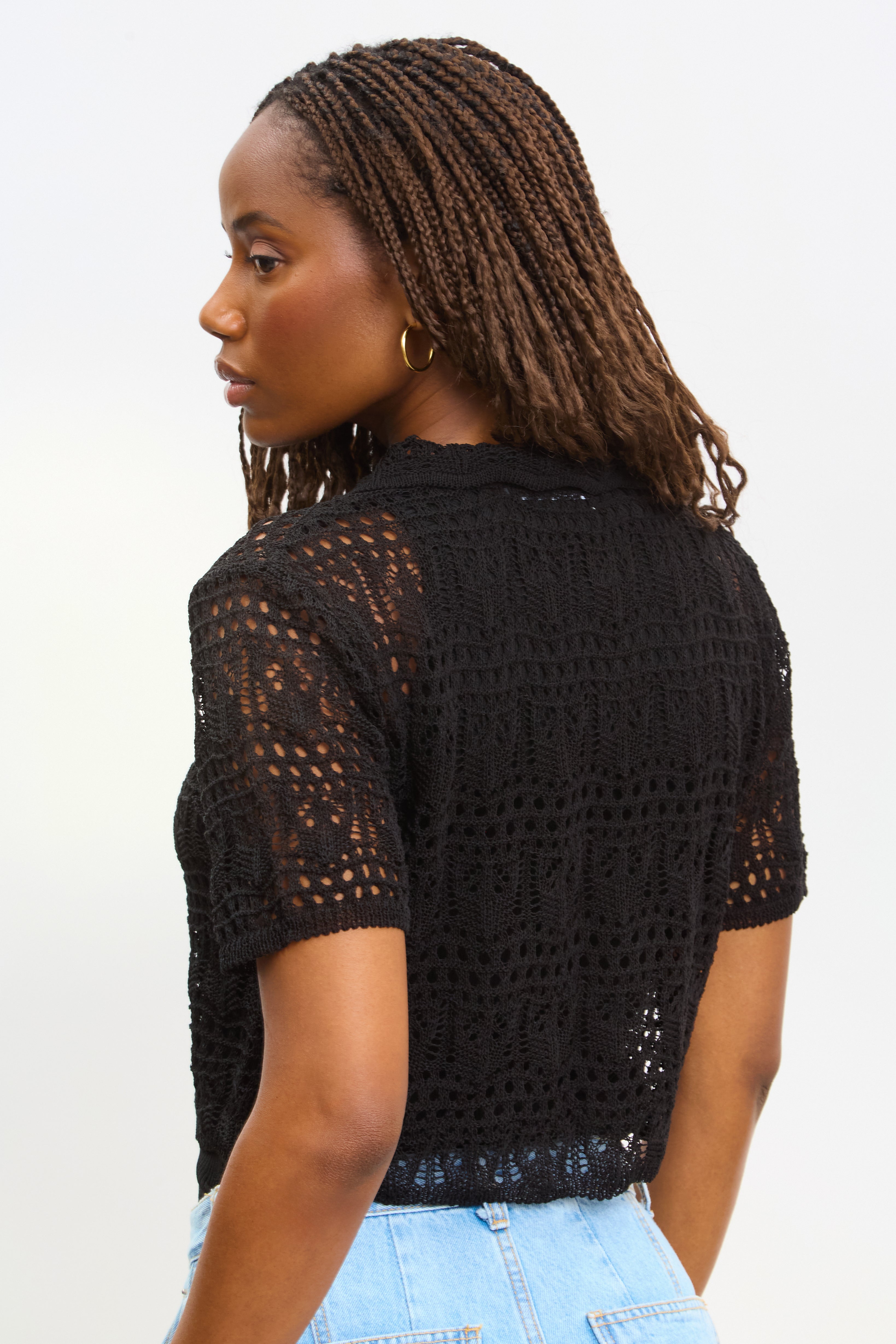 Black crochet knit double tie front top | Glassworks London