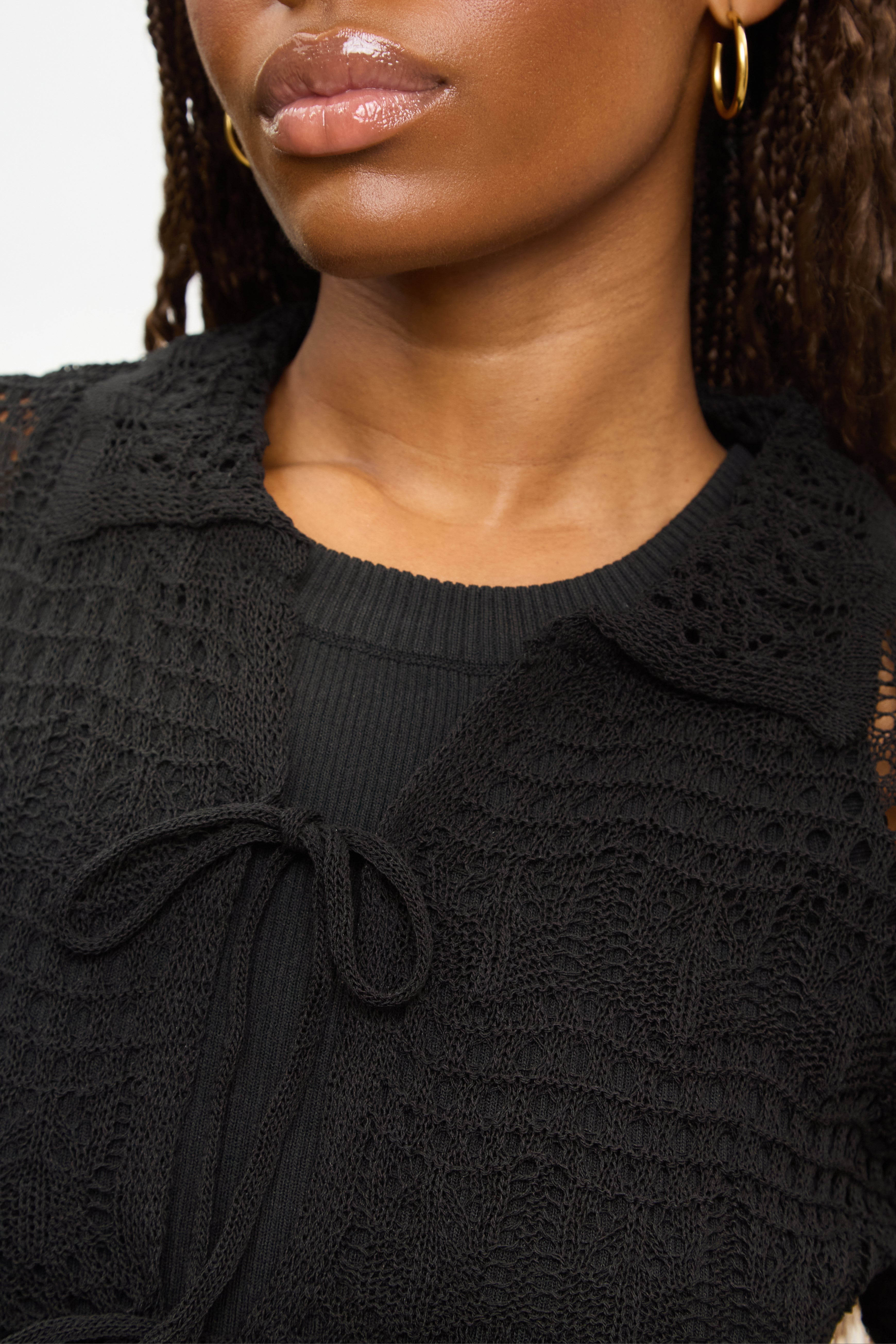 Black crochet knit double tie front top | Glassworks London