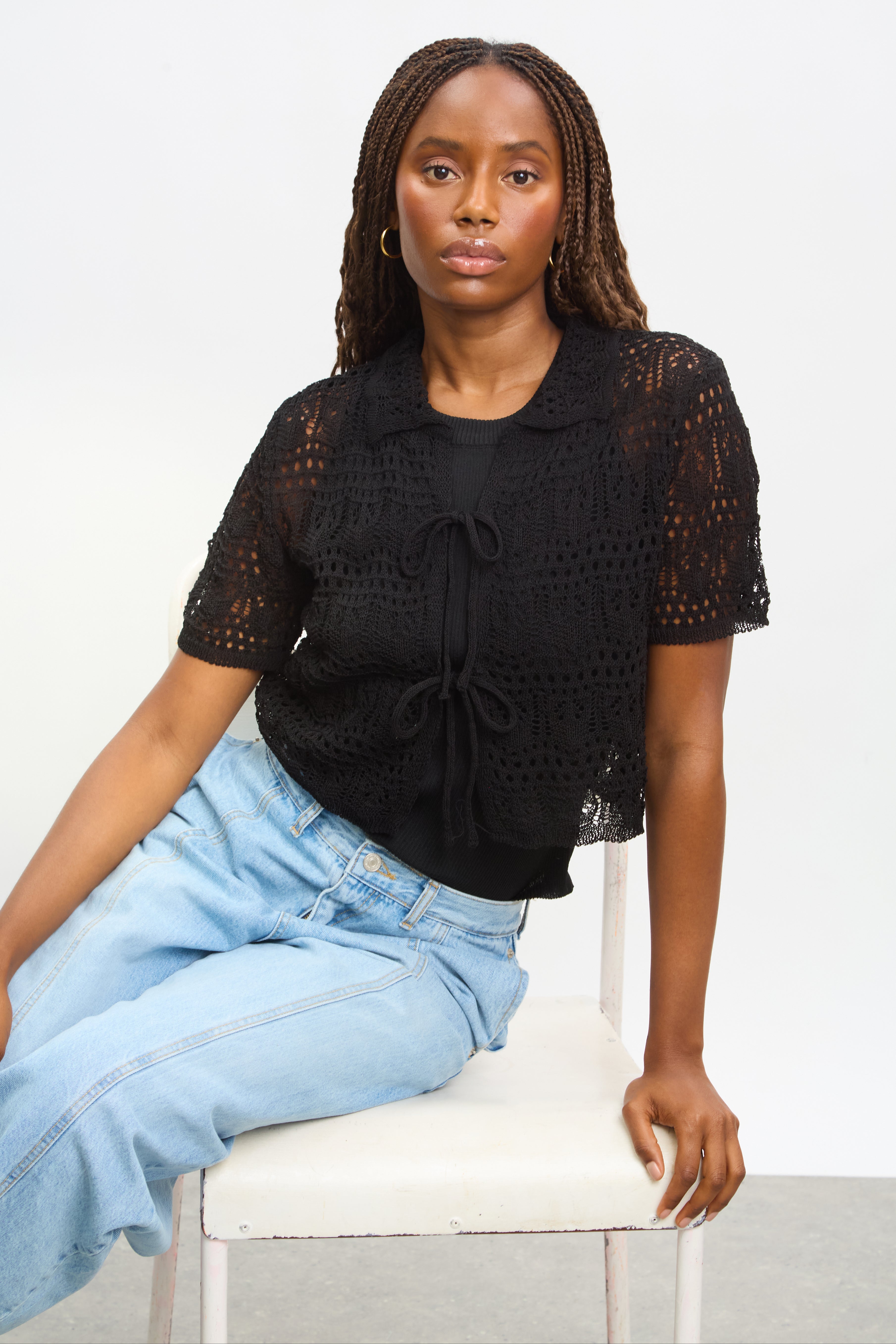 Black crochet knit double tie front top | Glassworks London