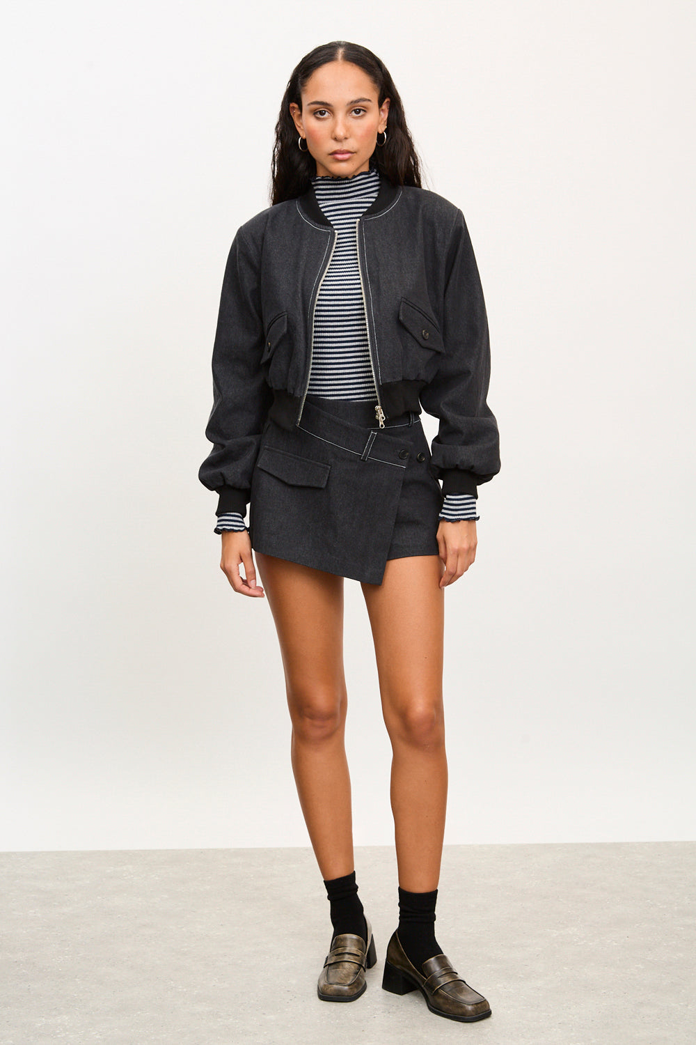 Black denim contrast stitch skort_4