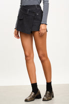 Black denim contrast stitch skort_1