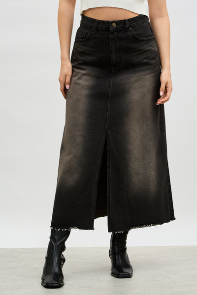 Black denim long front slit skirt | Glassworks London