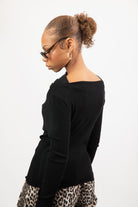 Black draped shoulder long sleeve knit top_2
