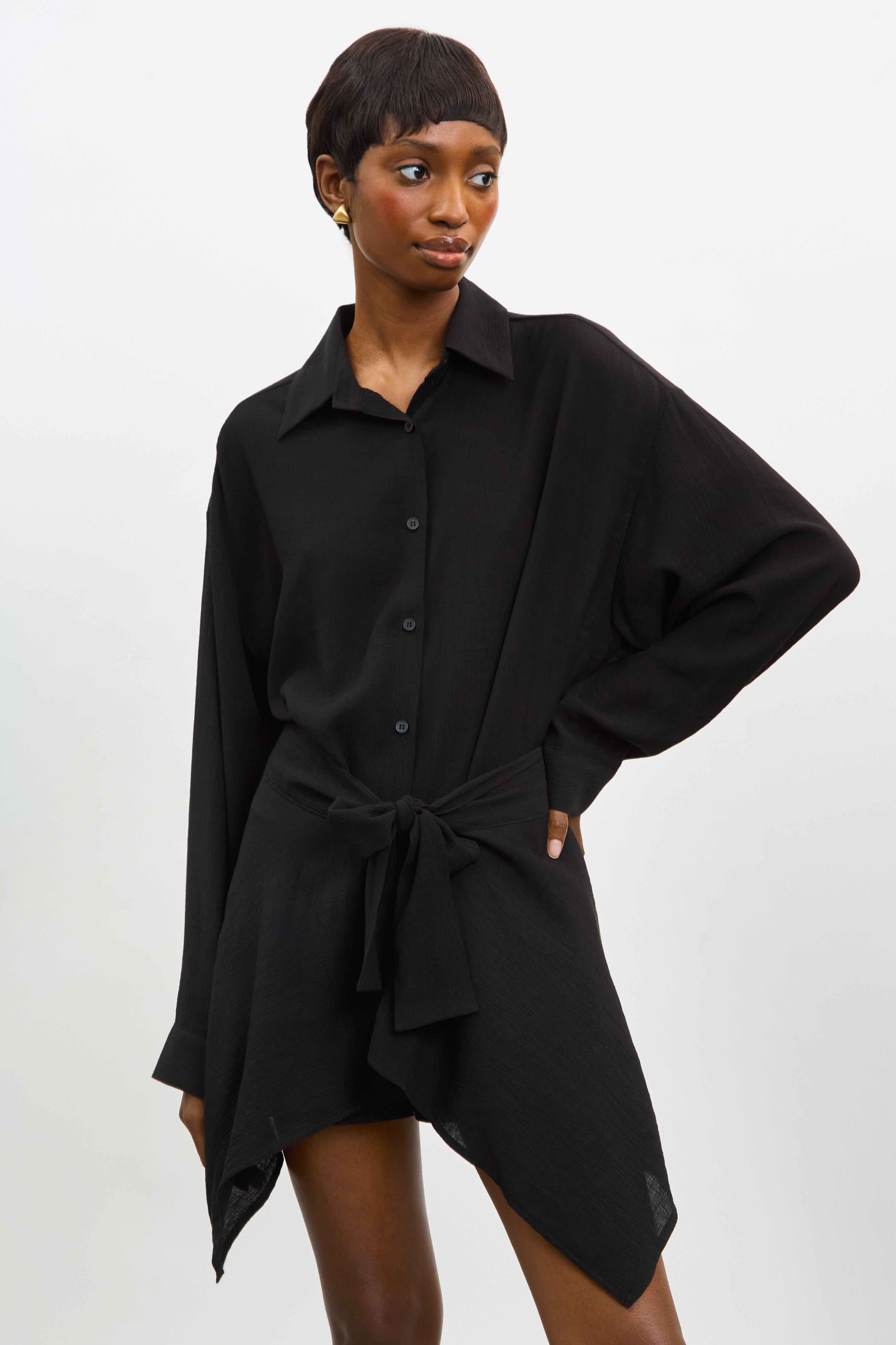 Black draped tie waist shirt dress_3
