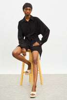 Black draped tie waist shirt dress_5