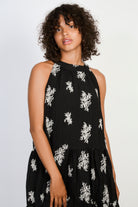 Black embroidered floral tie neck dress_2