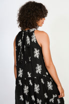Black embroidered floral tie neck dress_3