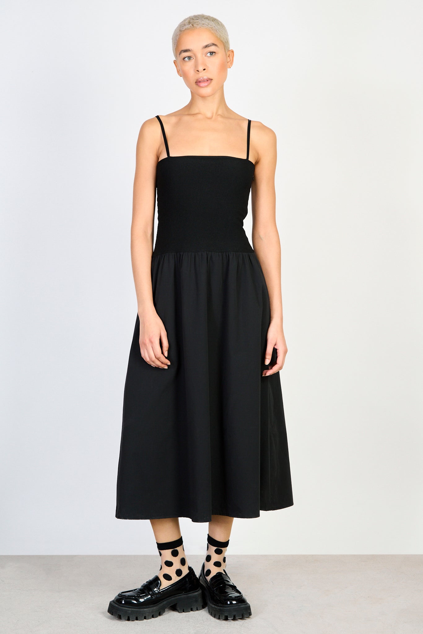 slim fit dress slacks Black fitted bodice thin strap dress