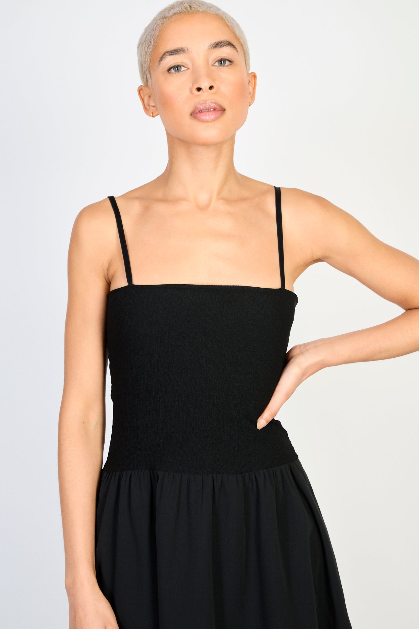 slim fit dress slacks Black fitted bodice thin strap dress