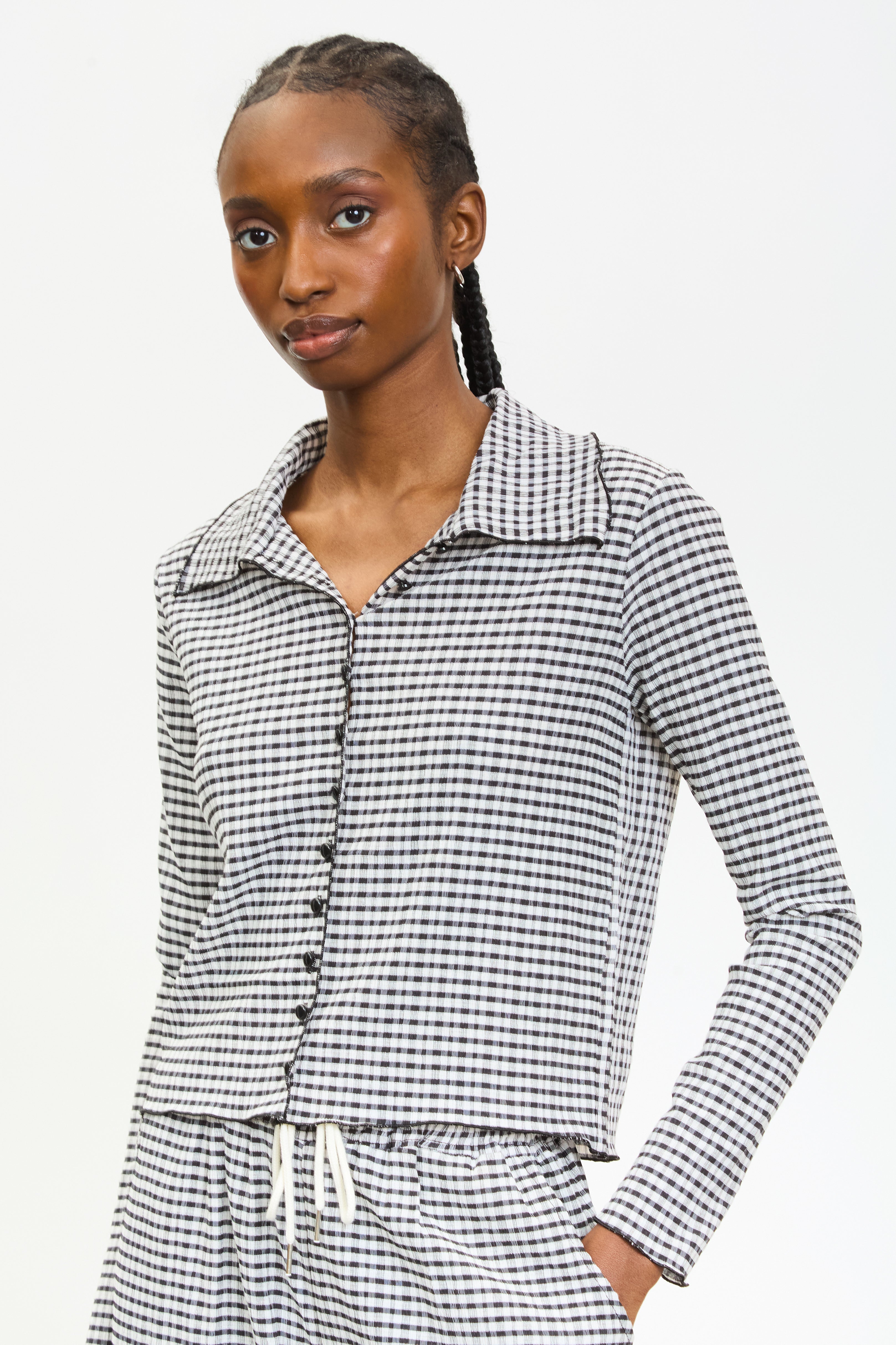 Black gingham and black trim button up top | Glassworks London