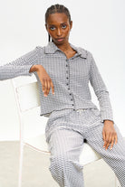 Black gingham and black trim button up top_5