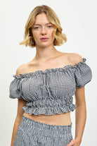Black gingham ruched off shoulder top_1