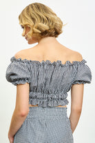 Black gingham ruched off shoulder top_2