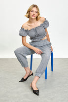 Black gingham ruched off shoulder top_4