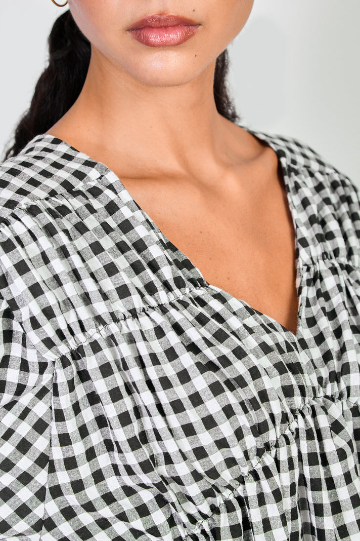 Black gingham ruched seam V neck dress