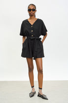 Black linen blend button front tie waist romper_2