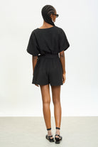 Black linen blend button front tie waist romper_3