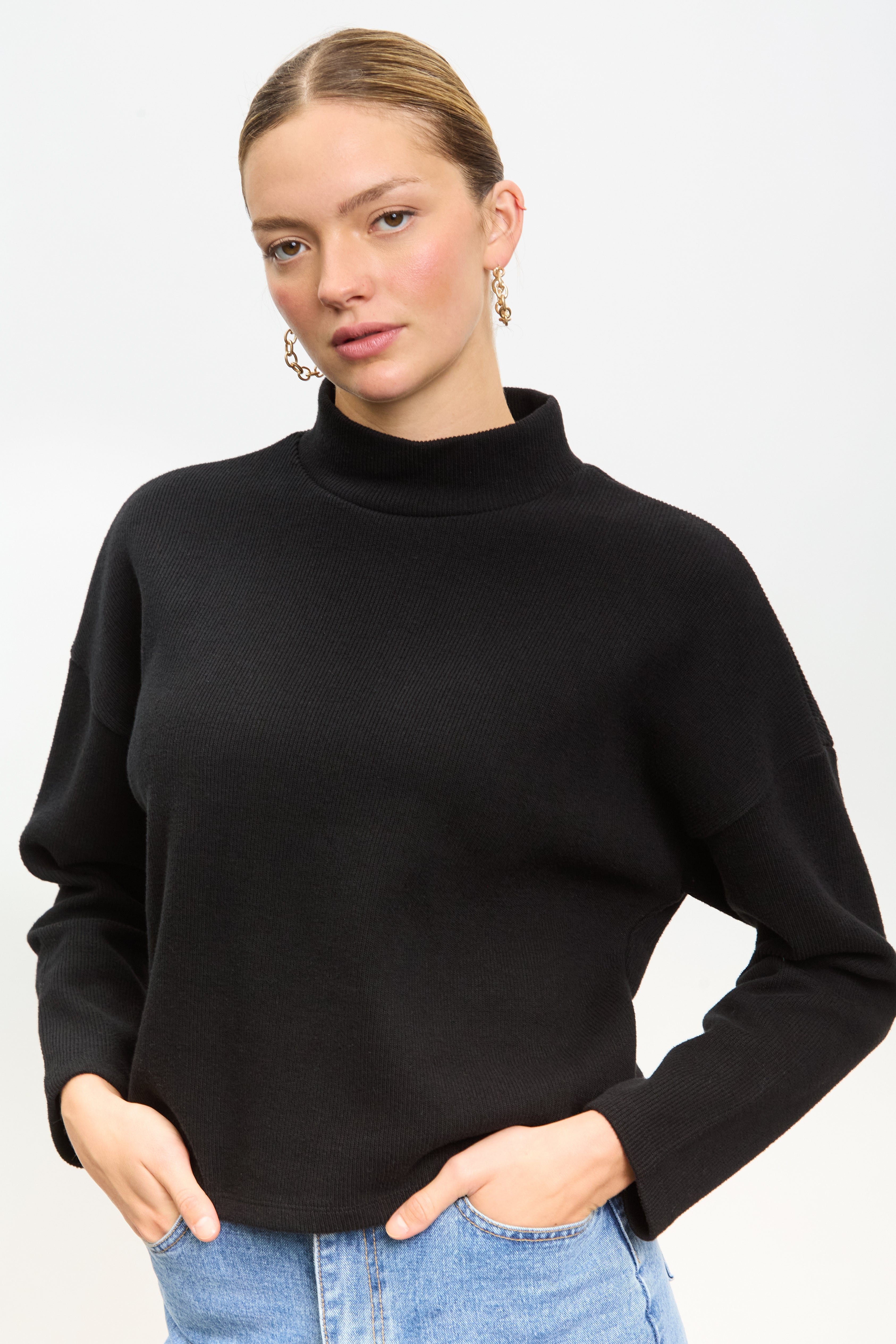 Black micro ribbed mock neck top_1