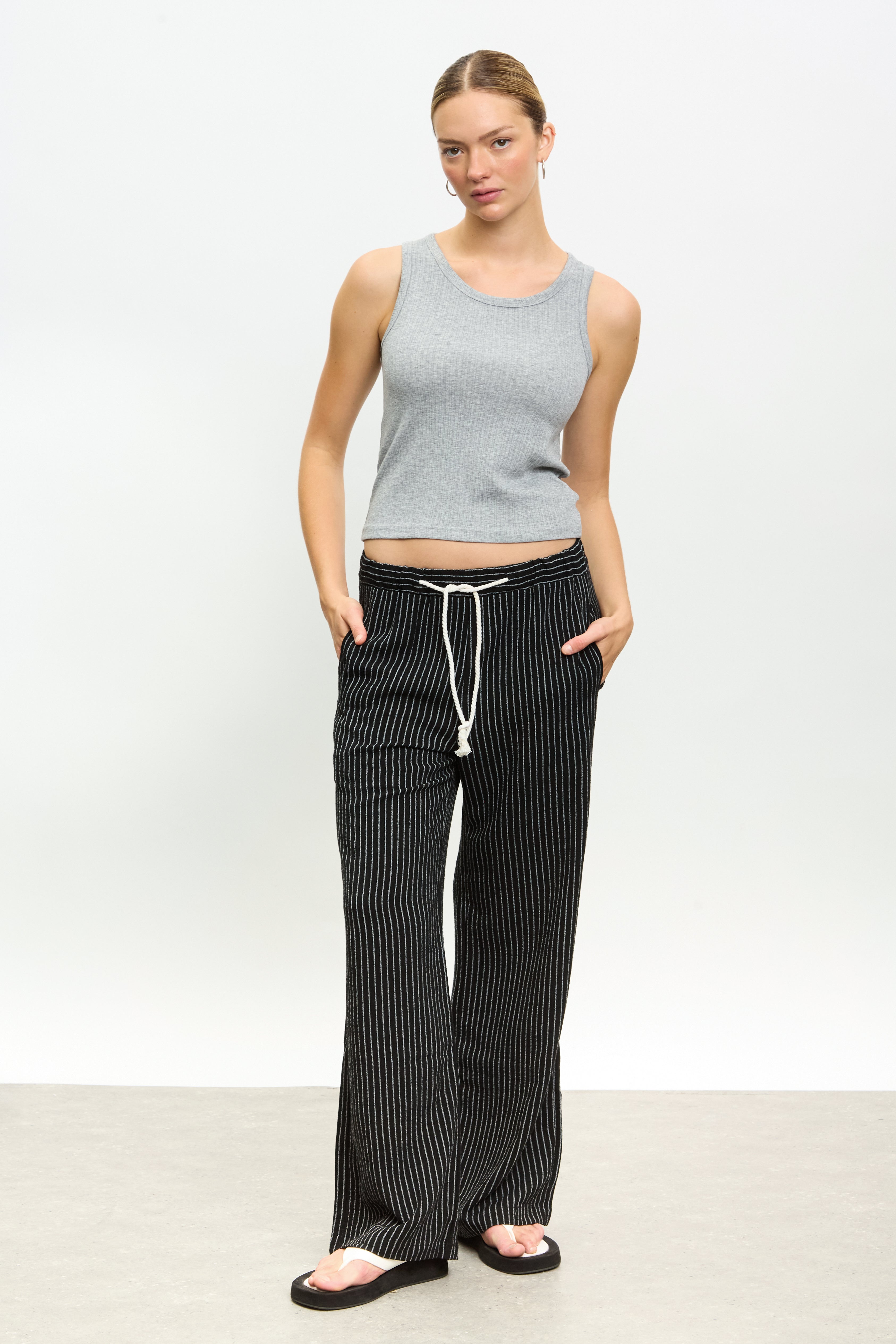 Black pinstripe rope drawstring trousers | Glassworks London