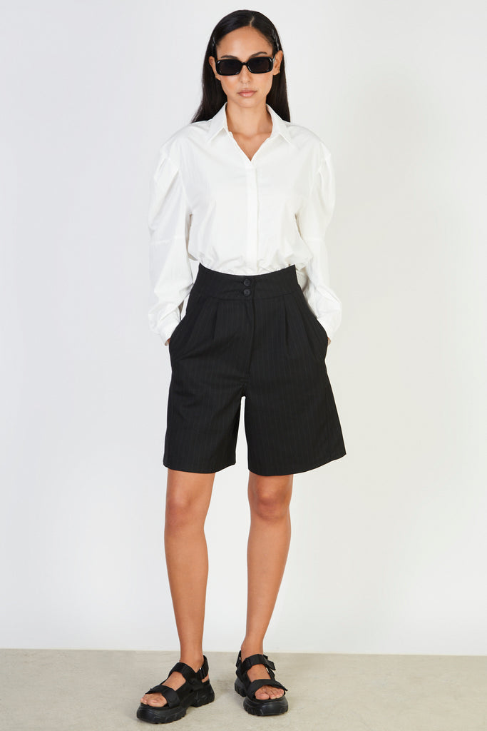 Black pinstriped tailored shorts_4