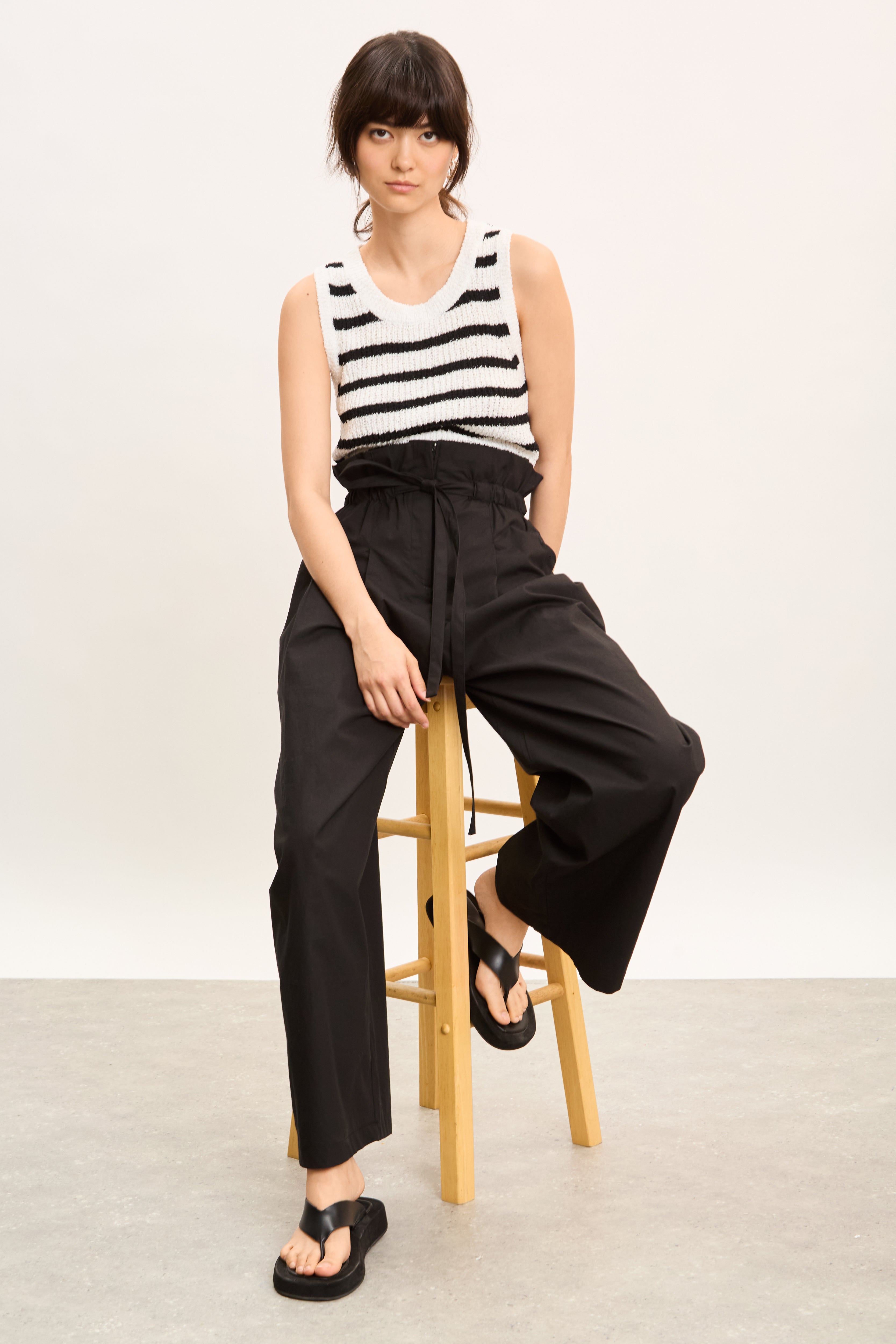 Black pure cotton paper bag waist trousers_5