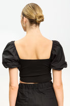 Black ribbed jersey contrast puff sleeve top_2