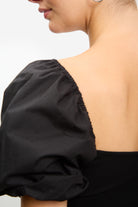 Black ribbed jersey contrast puff sleeve top_3