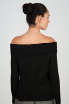 Black ribbed panel off shoulder knit top_2