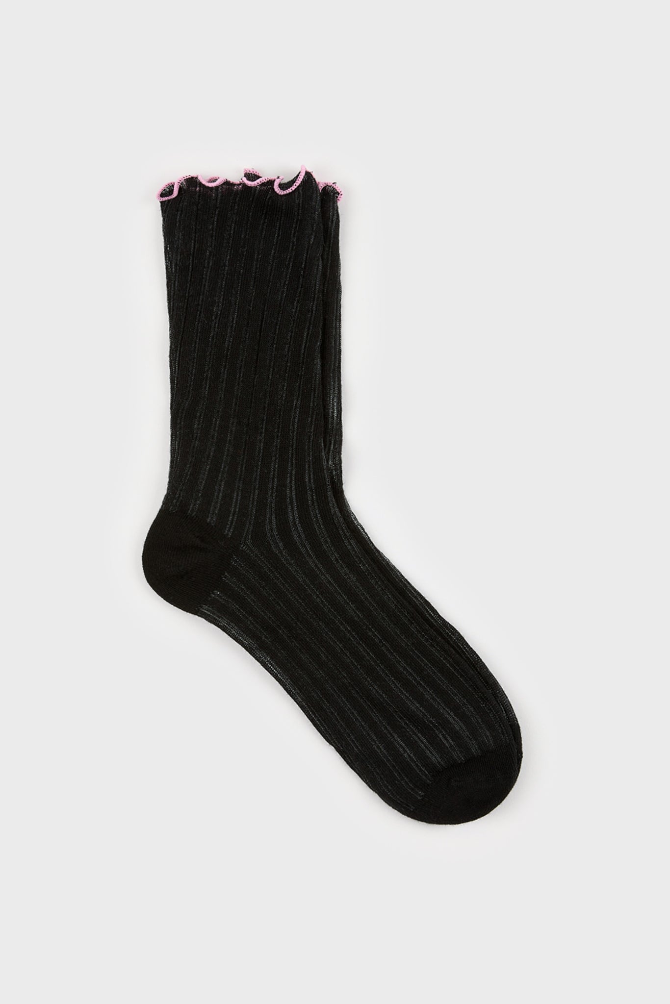 Black ribbed pink ruffle trim socks_1
