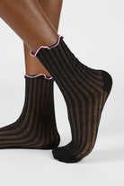 Black ribbed pink ruffle trim socks_3