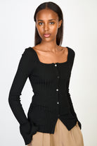 Black ribbed square neckline giant cuff cardigan_1