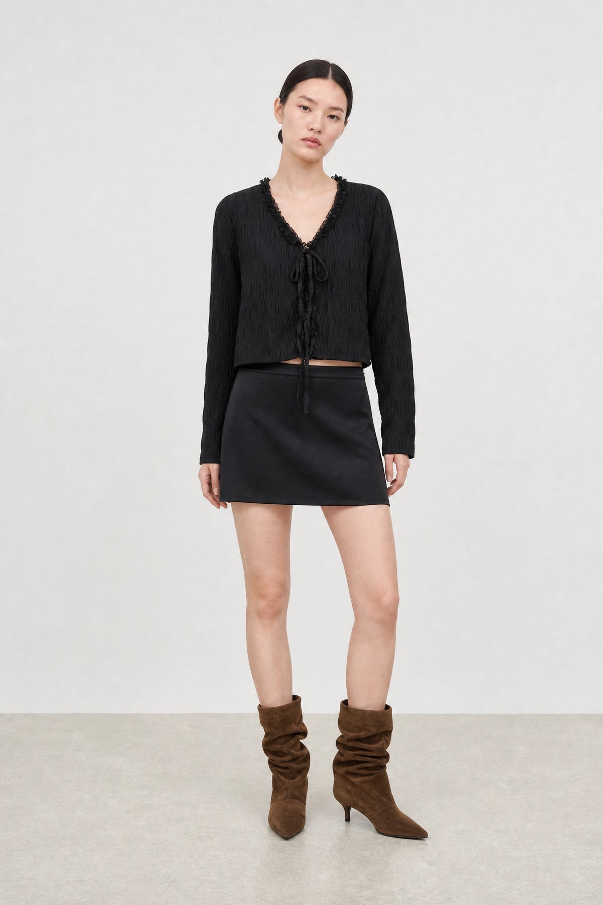 Black satin lace trim mini slip skirt_4