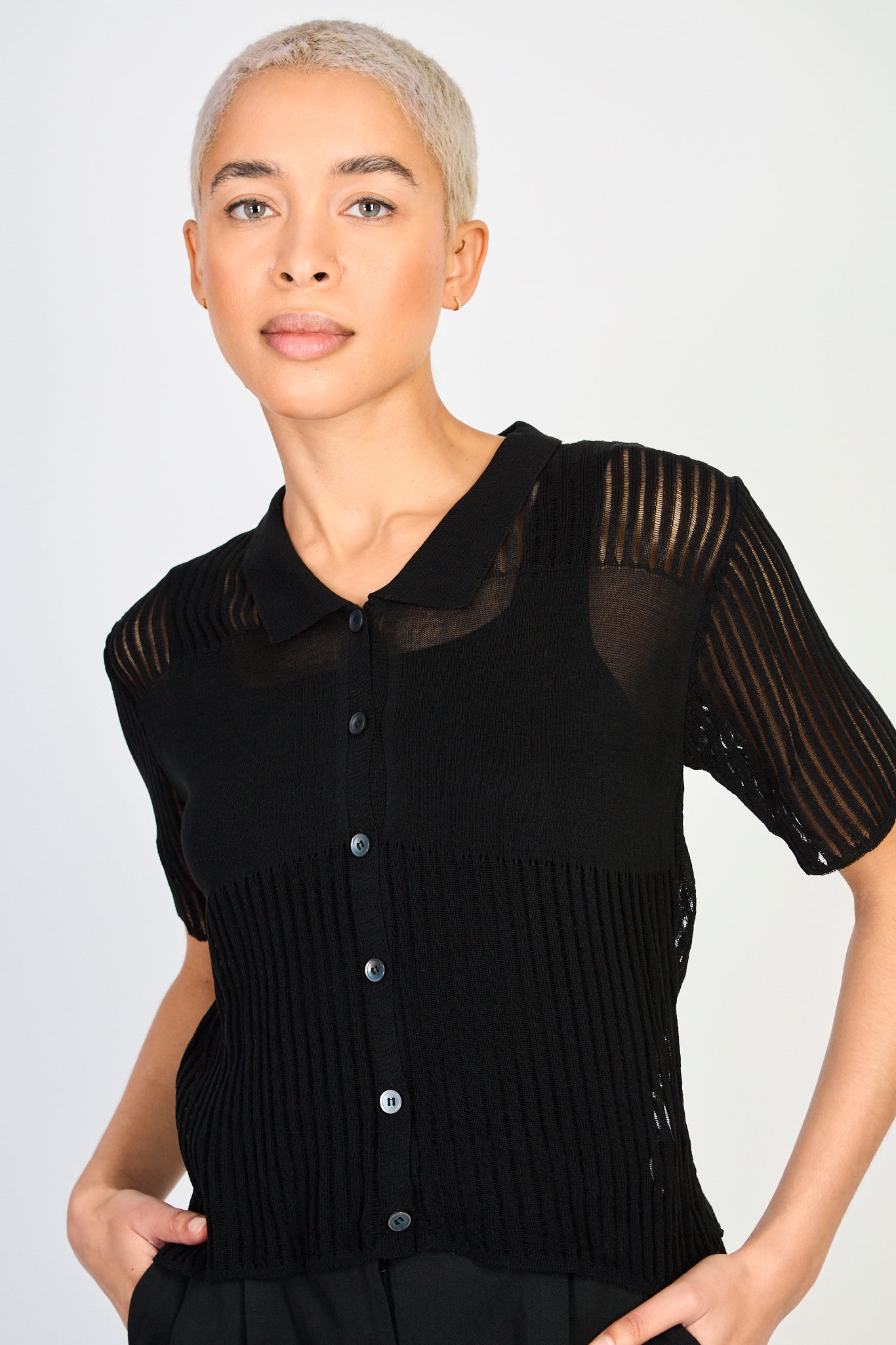 Black semi sheer block stripe knit tee_1