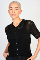 Black semi sheer block stripe knit tee_1