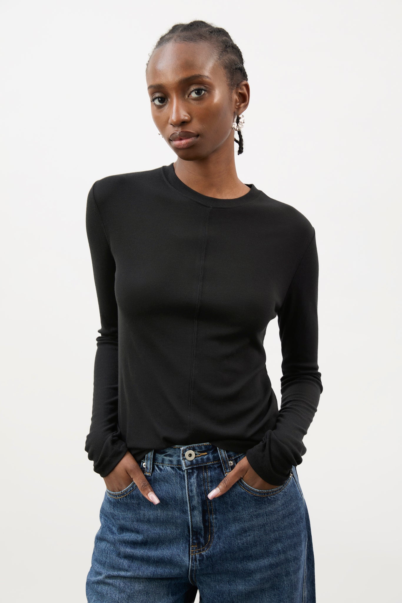 Black semi sheer jersey long sleeve top_1