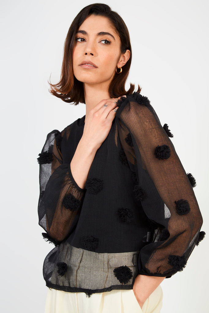 Black semi sheer tufted tie back blouse_2