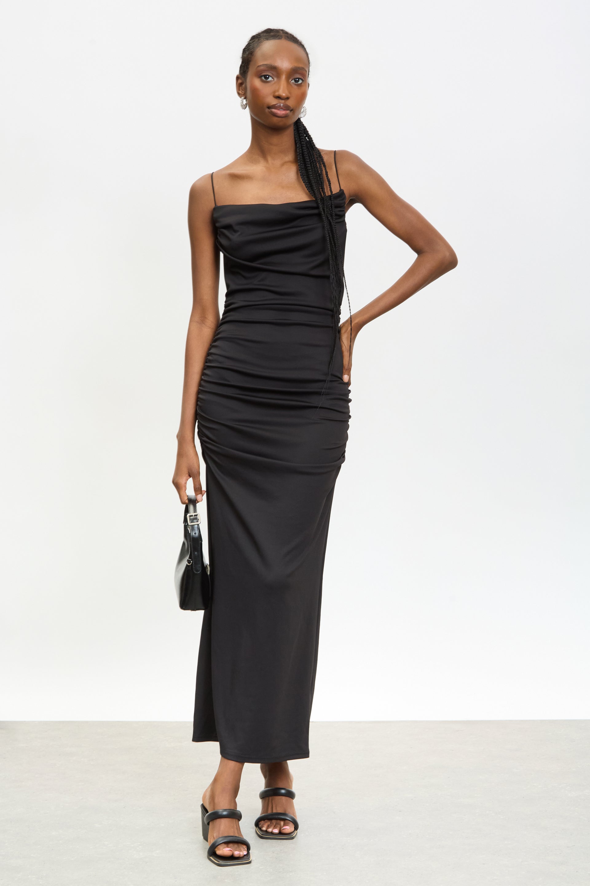 Black slim strap ruched bodice dress
