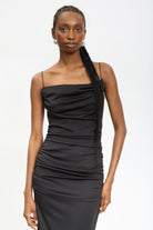 Black slim strap ruched bodice dress_3