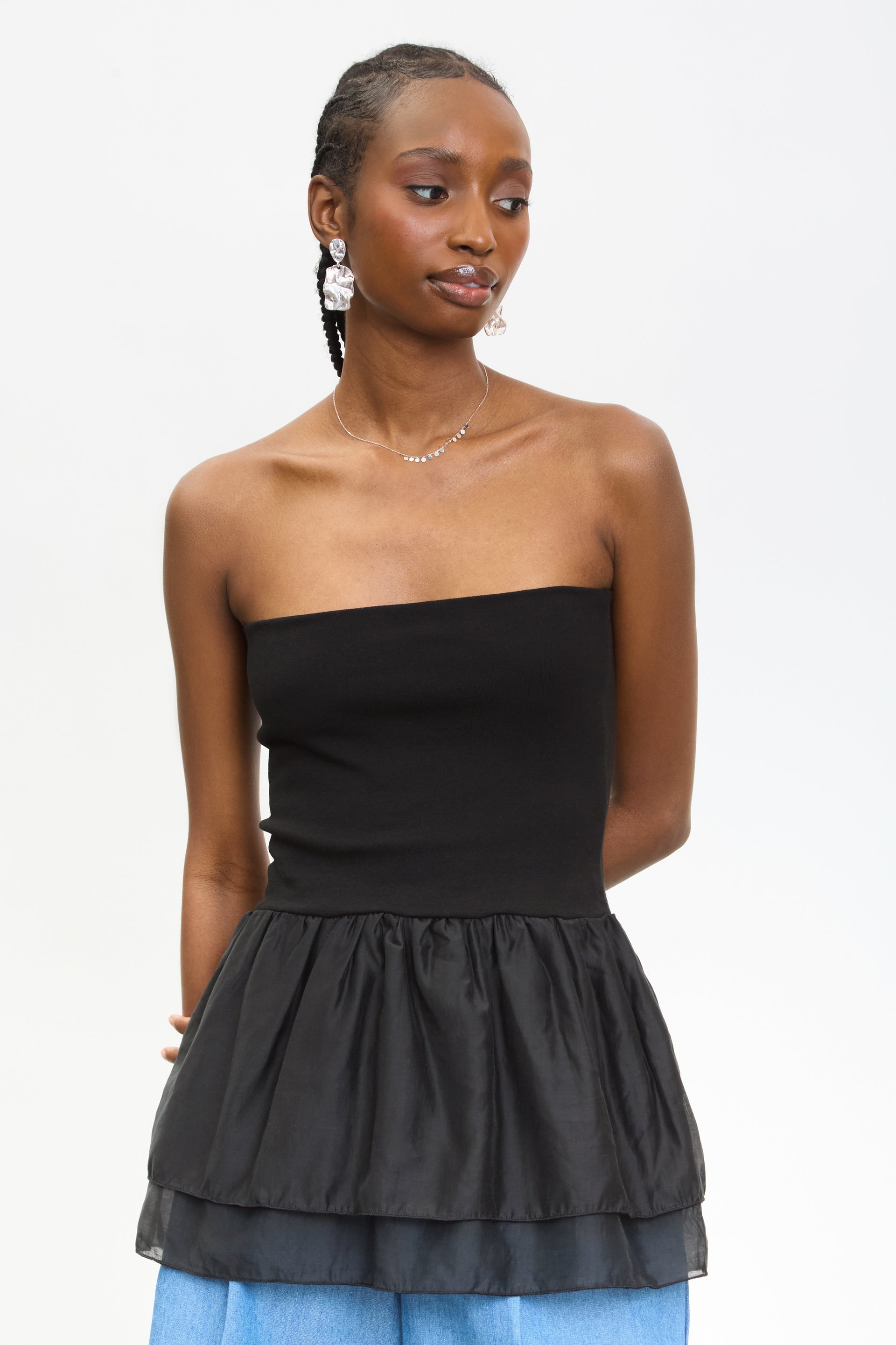 strapless open back dress Glassworks London Black Strapless Peplum Top